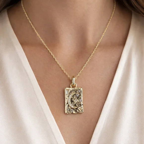 Moon & Starburst Celestial Necklace 18K Gold Plated Rope Chain - Picture 4 of 7